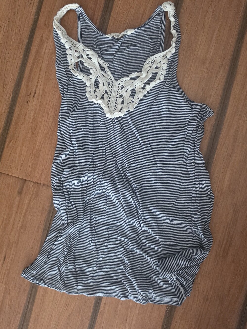 Old Navy Navy and White Striped Tank with Crochet Trim
